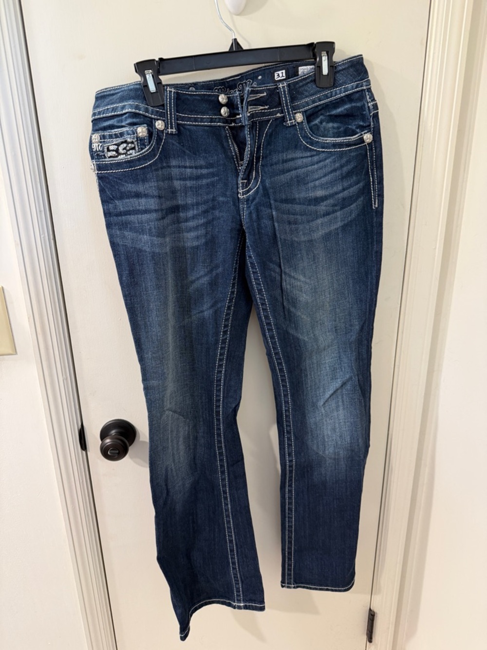 Miss Me Dark Blue Boot Cut Jeans with Contrast Stitching
